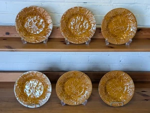 Ed Langbein Majolica 8.25" Plates Brown Gien France Set 6 Leaf Berry Grape Vtg - Picture 1 of 15