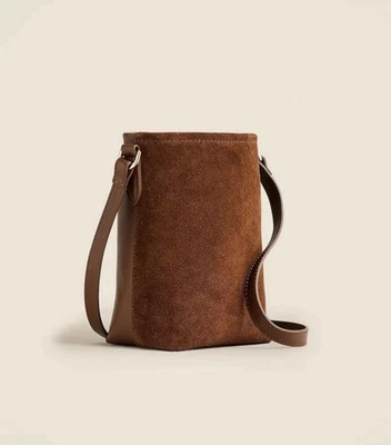 J.Crew 小号 Berkeley 斜挎包迷你水桶包棕色麂皮绒和皮革全新带标签 — 第 1/4 张图片