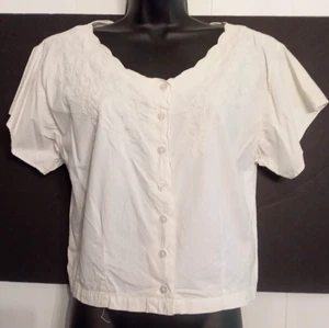 Blusa blanca recortada suelta talla M bordada de colección camisa de algodón COMO SE LEE - Imagen 1 de 7