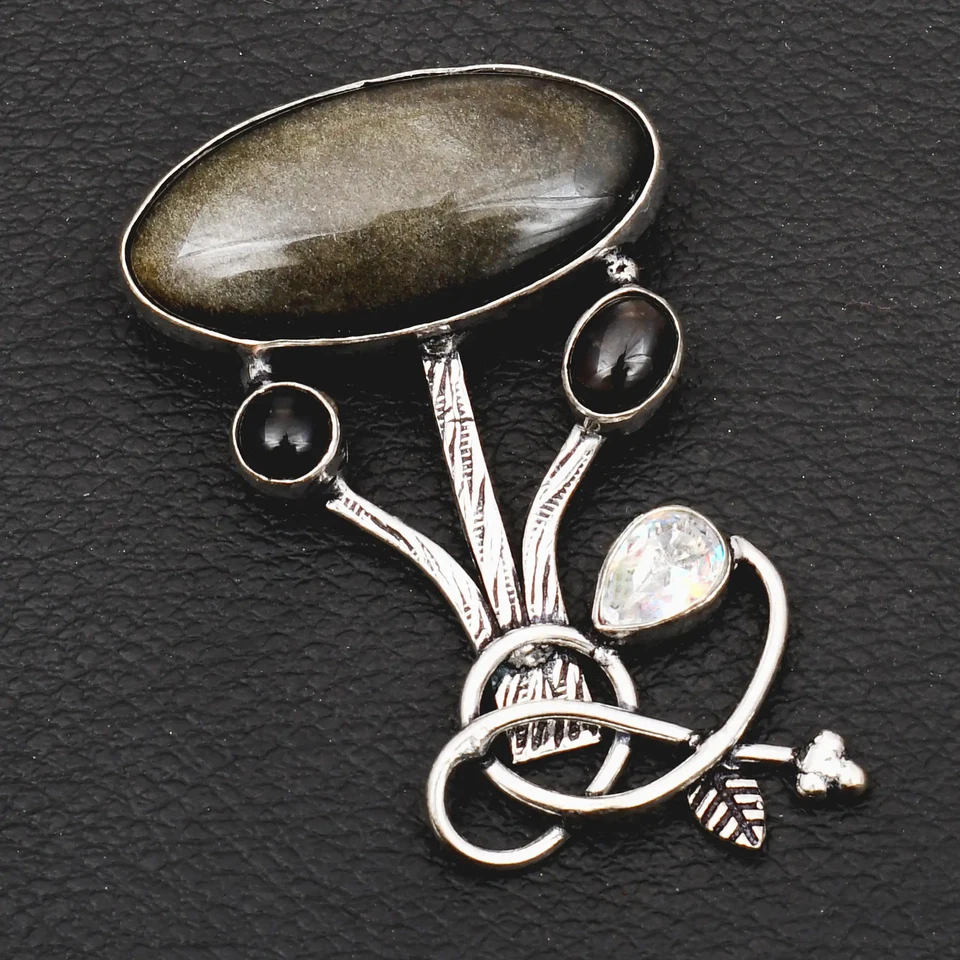 Colgante étnico plata brillo obsidiana topacio blanco piedras preciosas joyería 2,2" AP-41864 Foto 1 de 1