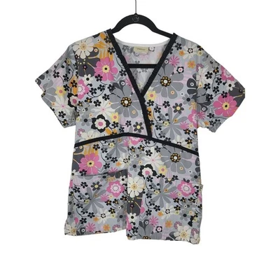 Tafford Medical Scrub Top XS Womens V Neck Short Sleeve Grey Floral Print Doctor - Image 1 of 4