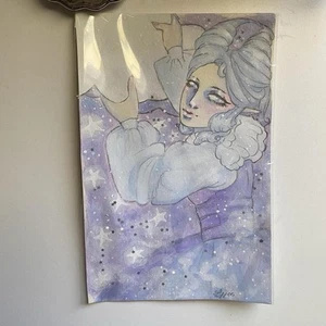 Celestial Fantasy Elf Women Holding Clouds Painting On 6x9 Watercolor Paper - Picture 1 of 8