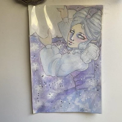 Celestial Fantasy Elf Women Holding Clouds Painting On 6x9 Watercolor Paper - Image 1 of 4