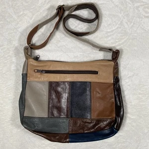 Vtg Leather Patchwork Crossbody Purse Multi-Color Boho Retro Festival Hippie - Picture 1 of 14