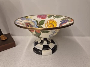 MACKENZIE CHILDS 20cm Flower Market Courtly Check Pedestal Bowl Enamel & Brass - Picture 1 of 6