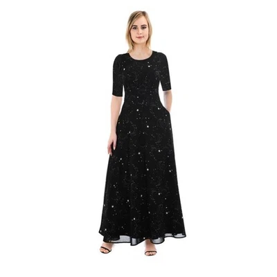eShakti Dress Womens Large Maxi Black Celestial Stars Half Sleeves Empire Waist  - Image 1 of 4