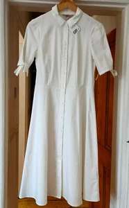 H&M Satin Cotton Button Down Midi Dress Bow Sleeves UK 8 EU 36 BNWT - Picture 1 of 10