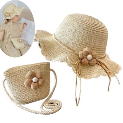 2PCS Baby Girls Summer Hat Bags Beach Floppy Sun Hat with Straw Pocket Suit Set - Image 1 of 4