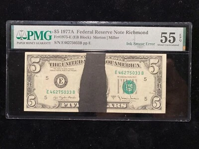 1977 A Ink Smear Error $5 Note PMG Almost Unc AU55 EPQ Major Rare Misprint Bill - Image 1 of 3