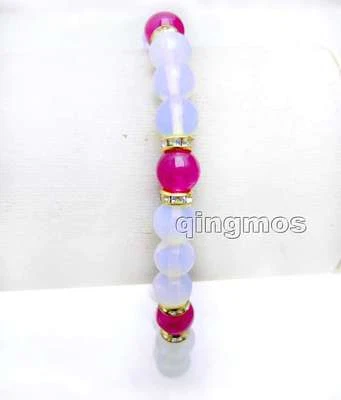 Pulsera redonda de ópalo azul de 8 mm para mujer con pulsera de jade rosa rojo joyería 7,5"" Foto 1 de 4