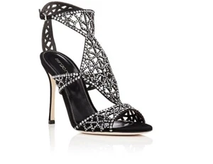 $1450 Sergio Rossi Scarpe Donna Tresor Crystal Stiletto High Heel Sandals Black - Picture 1 of 16
