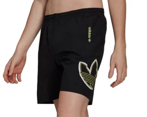 adidas Originals Swim Shorts Mens Large SPRT Woven Big Trefoil Logo Black Yellow - Picture 1 of 5