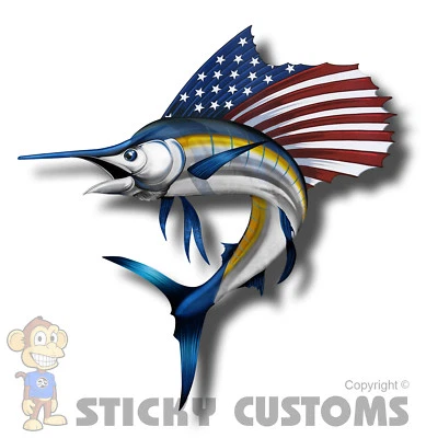 215 DECALS USA America Marlin Fish Sticker Decal Car Truck Sword Fishing Boat Boating Cup