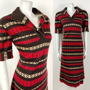 VINTAGE 60s 70s MOD BROWN RED BEIGE STRIPED SHIRT DRESS 14 16 - Picture 1 of 7