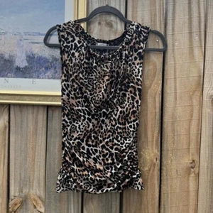 Leopard Print Sleeveless Blouse Ruched Sides Slimming Shirt Top - Picture 1 of 5