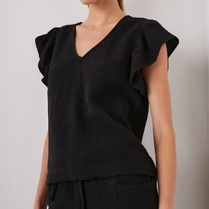 NWT Rails Lela Top XL Black Double Gauze Cotton V-Neck Flutter Sleeve Blouse - Picture 1 of 12