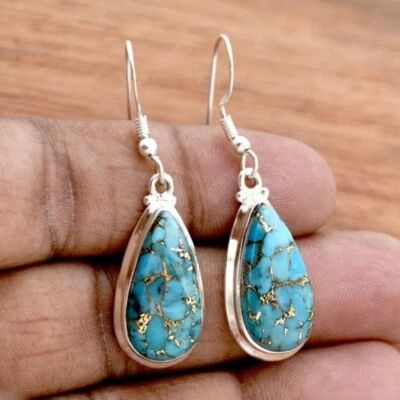 925 Sterling Silver Pear Shape Blue Copper Turquoise Gemstone Women Earrings - Image 1 of 4