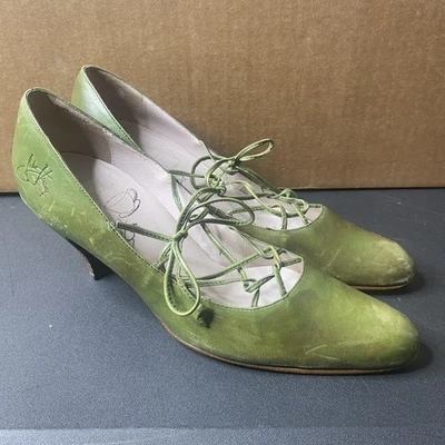Zapatos de salón John Fluevog para mujer talla 9,5 verdes con cordones tacón de gatito cuero Foto 1 de 4