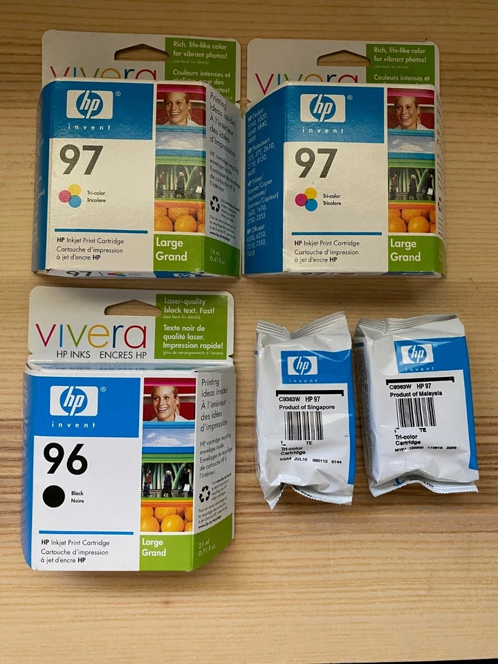 Lote de tintas nuevas selladas genuinas HP 96 97 negras y tricolores C9363W C8767W caducadas Foto 1 de 1