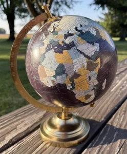Spinning Desktop World Desk Globe Black Ocean 11” Brass Base Vintage Style - Picture 1 of 6