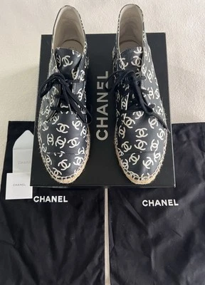 CHANEL Lambskin Printed CC Lace Up espadrilles Size 40 Black/White - Image 1 of 4