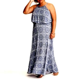 Maxi Vestido Torrid Usado en Excelente Condición Estampado Medallón Plata Tachuelas Sin Mangas XL Azul Blanco - Imagen 1 de 18