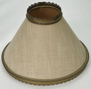 Art Deco Lamp Shade Burlap Fabric Engraved Brass Metal Trim 30's VTG Harp Bulb - Picture 1 of 11
