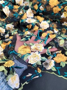 Fabric By The Yard Embroidered Yellow Teal Floral Black Mesh Lace For Dress Prom - Picture 1 of 13