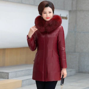 Winter Women's Real Fox Fur Collar Down Jacket Overcoat Mid Long Outwear Leather - Picture 1 of 29