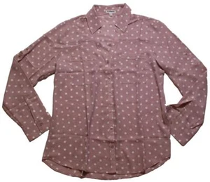 Express Womens Long Sleeve V-Neck Button Shirt Pink/White Polka Dot Size L - Picture 1 of 6