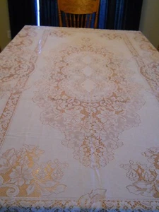60" x 104" White Nottingham Lace Tablecloth - Picture 1 of 5