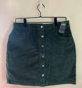 NWT  Hollister Elastic Waist High Rise Hunter Green Corduroy Button Mini Skirt L - Picture 1 of 7
