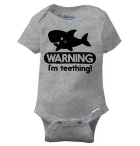 Warning Im Teething Funny Shark Shower Gift Newborn Baby Boy Girl Infant Romper - Picture 1 of 12