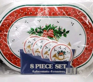 8 Peice Christmas Vinyl Placemat Set 4 Placemats w/4 Coasters Holly Leaves & Bow - Picture 1 of 1