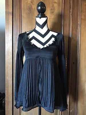Blusa DVF Diane Von Furstenberg Fantasia Negra Plisada Talla 6 Pequeña Poeta Boho  Foto 1 de 4