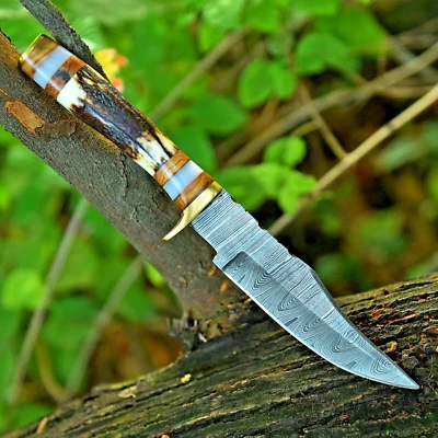 Forged Damascus Hunting Bowie knife Outdoor Tactical Camping Stag Handle- Trench - Image 1 of 4