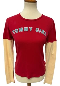 Tommy Jeans Girl's Long Sleeve Red  & Yellow Crew Neck Graphic Tee Shirt Size L - Picture 1 of 11