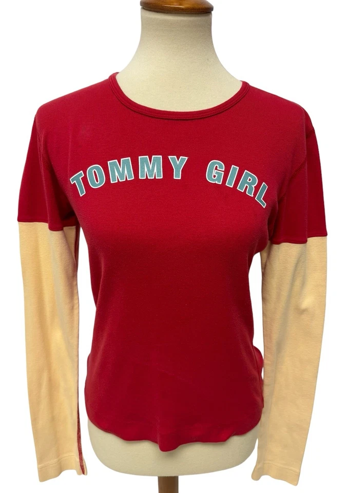 Tommy Jeans Girl's Long Sleeve Red  & Yellow Crew Neck Graphic Tee Shirt Size L - Image 1 of 4