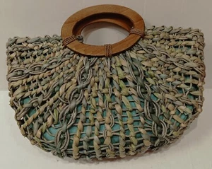 Wicker HANDBAG Turquoise-Sea Green-Beige COLDWATER CREEK 3 Pockets Wood Handles - Picture 1 of 8