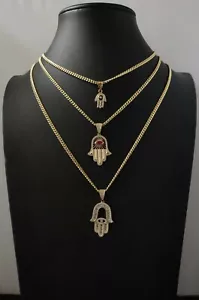 14k Real Gold Pendants Necklace, with 14k 3mm Miami Cuban Chain Necklace , Hamsa - Picture 1 of 7