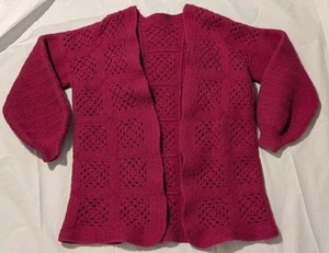 Hand Knit Open  Balloon Sleeves Cardigan Maroon Size XL Granny Core Sweater - Picture 1 of 16