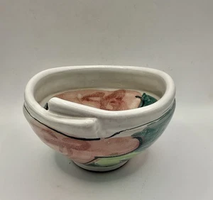 Handmade Studio Art Pottery Bowl Glazed Pink Flower Design Signed - Picture 1 of 7