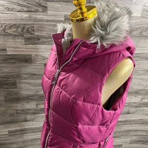 EDDIE BAUER Zip Faux Fur Hood Pink Goose Down Quilted Puffer Vest Women's Medium - Picture 1 of 12