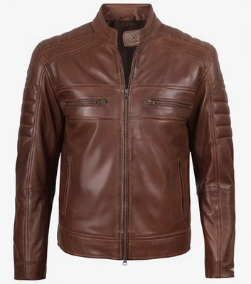 Jaqueta de couro masculina estilo motociclista encerada conhaque Austin - Imagem 1 de 4