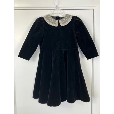 Vestido De Colección Laura Ashley Madre Niño Terciopelo Negro Cuello Encaje 4 Años Vacaciones Foto 1 de 4
