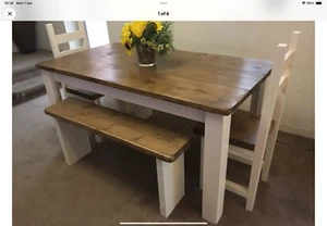 Hand Crafted, Rustic, Farmhouse Dining Table, 2 Chairs and 2 Benches - Picture 1 of 6