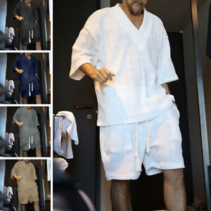 Men's Casual Loose Short Sleeve T-shirt Shorts Woolen Woven Summer Two-piece