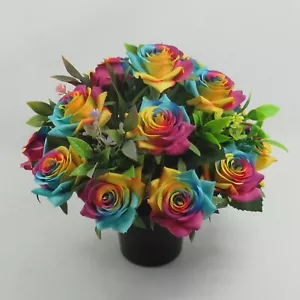 Premium Artificial flowers memorial grave arrangement Rainbow Roses HandMade - Picture 1 of 3