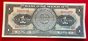 1969 Mexico Banknote 1 Peso Paper Money Aztec Calendar SERIE BGJ PREFIX Z 603059 - Picture 1 of 2