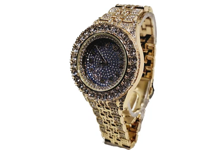 Techno Pave Gold Tone Bezel & Blue Face Band Studded Faux Diamond Mens Watch - Image 1 of 4